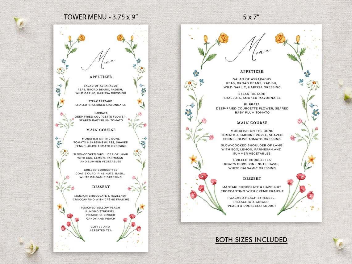 IONA Wildflower Menu Card Template Floral Menu Card Etsy