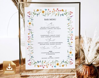 Bar Menu Sign, Printable Wedding Sign, Floral Drinks Menu Template, Wildflower Bar Menu, Drink Menu Sign, Wildflower Wedding Sign - FLORA