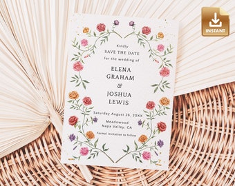 Pink Rose Save The Date Card, Summer Invitation Template, Romantic Wedding Announcement, DIY Editable & Printable Invite - ROSA