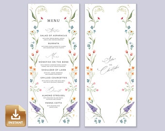 Wildflower Wedding Menu Card Template, Floral Wedding Menu, Wildflower Bridal Shower Menu, Summer Wedding Menu, Spring Menu Card Template
