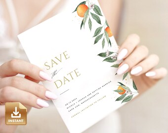 CLEMMIE - Citrus Save The Date Card Template, Summer Save-the-date, Wedding Announcement Card, Destination Wedding Announcement Card