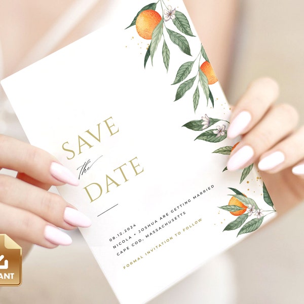 CLEMMIE - Citrus Save The Date Card Template, Summer Save-the-date, Wedding Announcement Card, Destination Wedding Announcement Card