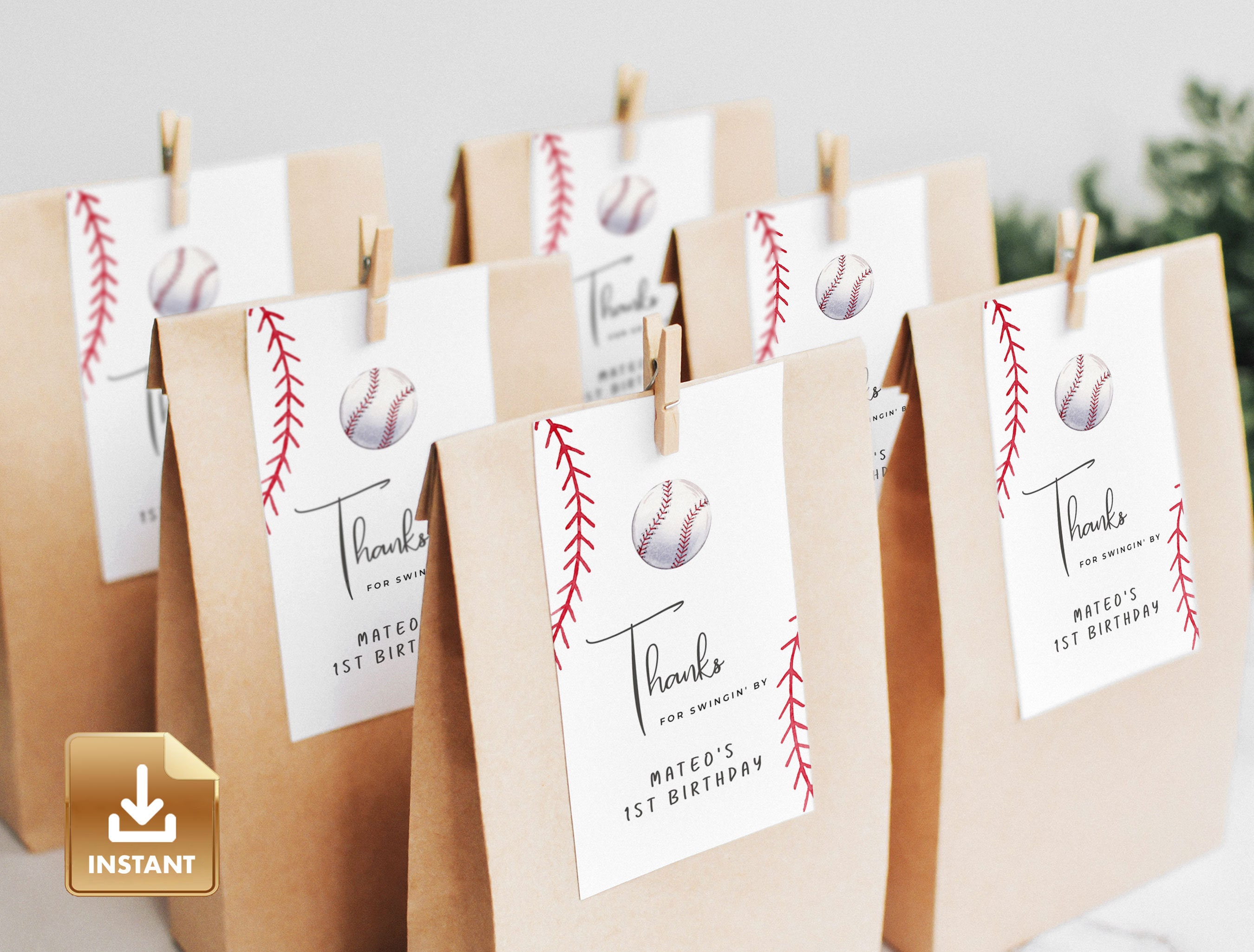 Baseball Gift Tag Template, Baseball Birthday Thank You Card, Printable