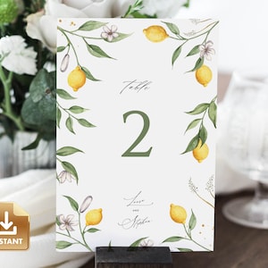 CAPRI - Lemon Table Number Template, Summer Table Number Sign, 5x7" Table Numbers, Wedding Table Number, Editable Lemon Table Card Template