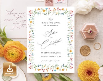 FLORA - Wildflower Save The Date Card, Summer Save The Date Template, Instant Download, Floral Save The Date Template, Editable & Printable