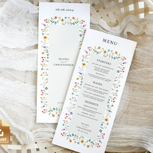 FLORA - Floral Menu Template, Wildflower Wedding Menu, INSTANT Download, Summer Wedding Menu, Wildflower Bridal Shower Menu, Do It Yourself