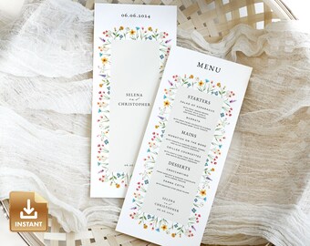 May include: Two printable wedding menu cards with a floral border. The top card says "Selena and Christopher 06.06.2024" and the bottom card says "MENU" with a list of starters, mains, and desserts.