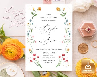 IONA - Save The Date Card, Hand-Painted Watercolor Lemons, Instant Download, Summer Save The Date, Save Date Template, DIY Editable