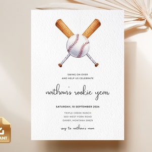 Baseball First Birthday Invitation, Rookie Year Invitation Template, Baseball Birthday Party, Boy First Birthday Party, 1st Birthday Invite