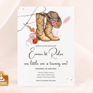 Floral Western Birthday Party Invitation Editable Template, INSTANT Download, Printable Girl Rodeo Party, Cowboy Birthday Party Card