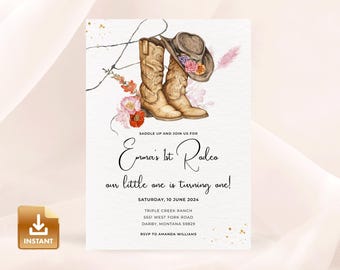 Floral Western Birthday Party Invitation Editable Template, INSTANT Download, Printable Girl Rodeo Party, Cowboy Birthday Party Card