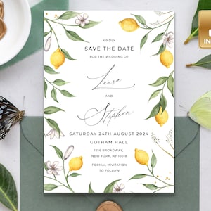 CAPRI - Summer Save The Date Card, Hand-Painted Watercolor Lemons, Instant Download, Destination Save The Date, Save Date Template