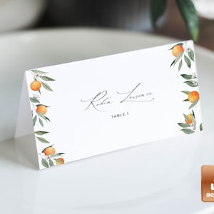 CLEMMIE - Summer Wedding Place Cards, Printable Table Name Card, Flat and Tentfolded, Editable Place Card Template, Oranges Place Name Card