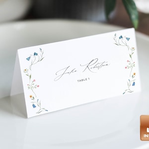 ISHA - Wildflower Wedding Place Cards, Printable Table Name Card, Flat and Tentfolded, Editable Template, Summer Wedding Place Name Cards