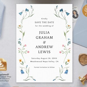 Wildflower Save The Date Card, Summer Wedding Invitation Template, Instant Download, Do It Yourself, Printable and Editable Invite - ISHA