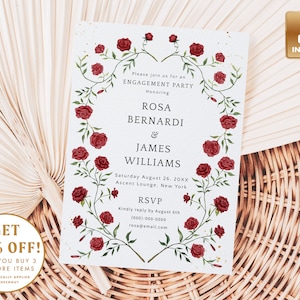 Engagement Party Invitation Template, Red Roses Romantic Invite, Instant Download, Editable Floral Announcement Card - BRIAR