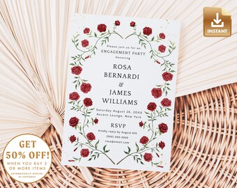 Engagement Party Invitation Template, Red Roses Romantic Invite, Instant Download, Editable Floral Announcement Card - BRIAR