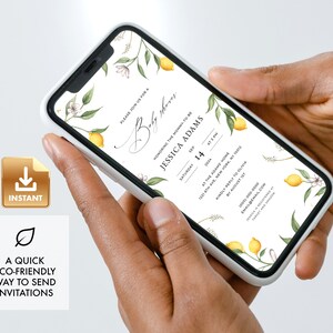 May include: A digital invitation for a baby shower with a lemon and floral design. The invitation reads "Please join us for a Baby Shower honoring the mommy-to-be Jessica Adams, Saturday, September 14th at 3 PM at the Adams Home, 123 Elm Ave New York, NY 10002. Kindly reply to Olivia by August 1st. 1000-000-0000, email@email.com. Jessica is registered at Target and Amazon."
