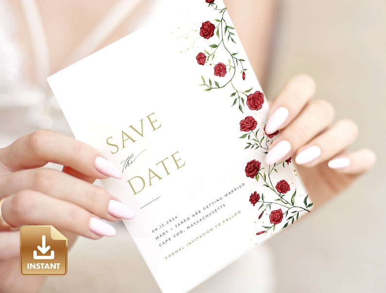 May include: Save the Date card with a white background and gold lettering. The card features a floral design with red roses and green vines. The text on the card reads "Save the Date" with the date "08.12.2024", the names "Mary & Jared", the location "Cape Cod, Massachusetts", and the phrase "Formal Invitation to Follow".