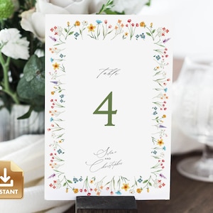 FLORA - Wildflower Table Number Template, Summer Table Number Sign, 5x7" Table Numbers, Wedding Table Number, Colorful Table Number Cards