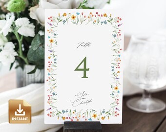 FLORA - Wildflower Table Number Template, Summer Table Number Sign, 5x7&quot; Table Numbers, Wedding Table Number, Colorful Table Number Cards