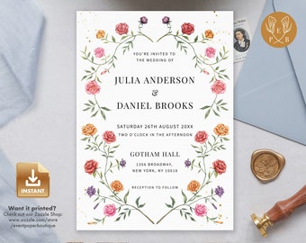 Romantic Roses Wedding Invitation Template: Editable DIY Card (Digital Download)