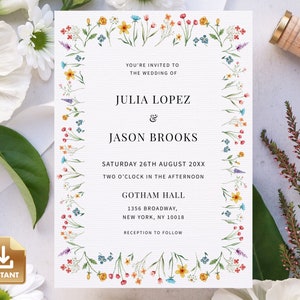 Summer Wedding Invitation, Wildflower Invite Template, Instant Download, Editable & Printable, Do It Yourself Card - FLORA