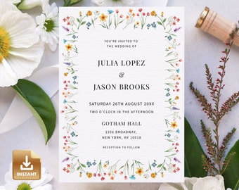 Summer Wedding Invitation, Wildflower Invite Template, Instant Download, Editable & Printable, Do It Yourself Card - FLORA