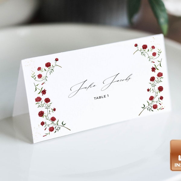 Red Rose Wedding Place Cards, Printable Table Place Name Card, Editable Rose Place Name Card, Dinner Party Place Card Template - BRIAR