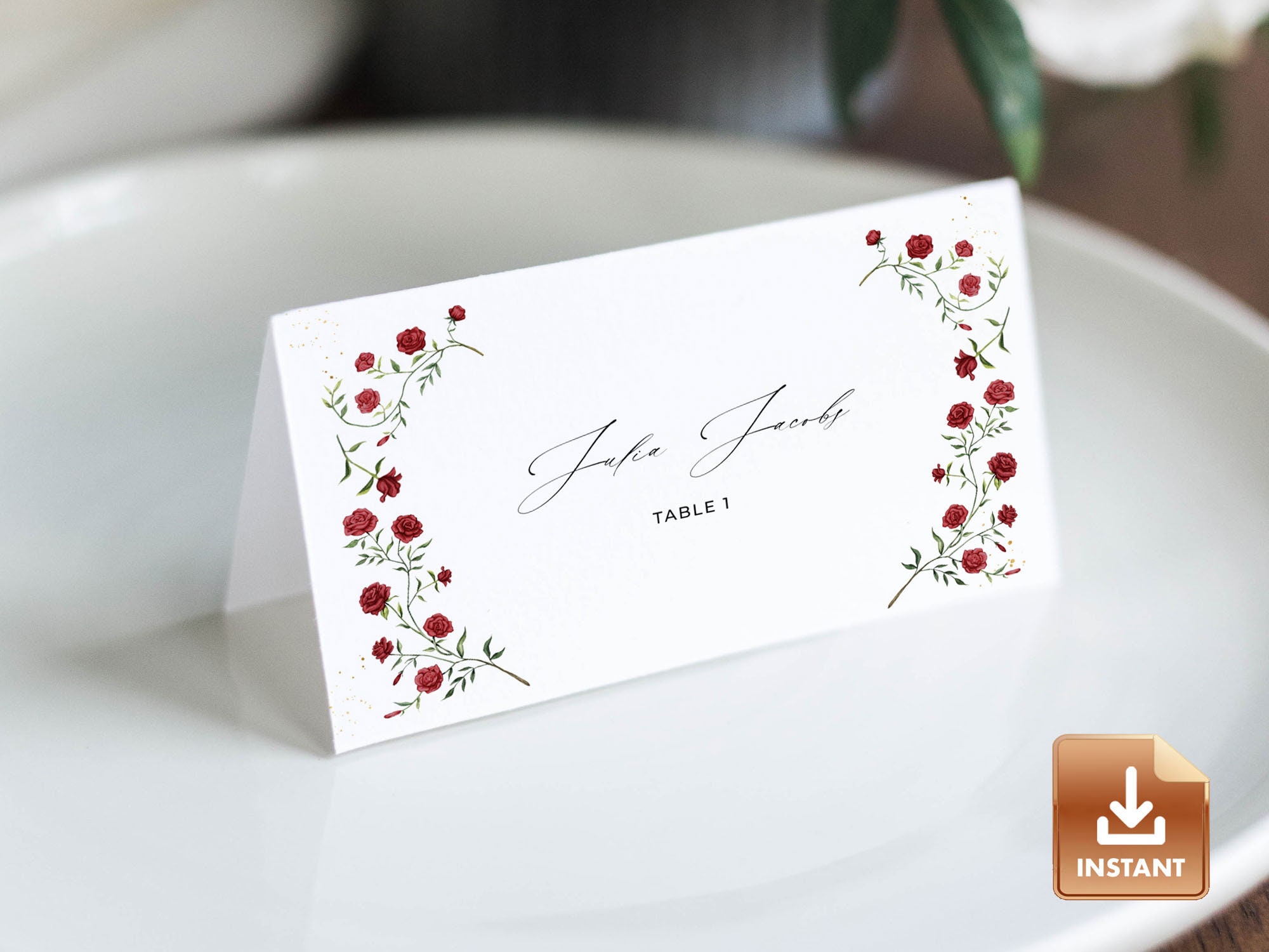 Red Rose Wedding Place Cards, Printable Table Place Name Card, Editable ...