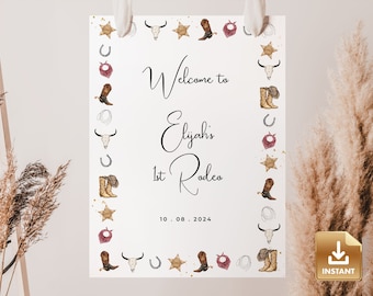First Birthday Party Welcome Sign, 1st Rodeo Birthday Welcome Sign Template, Western Editable Sign, Cowboy Birthday Party, Instant Download