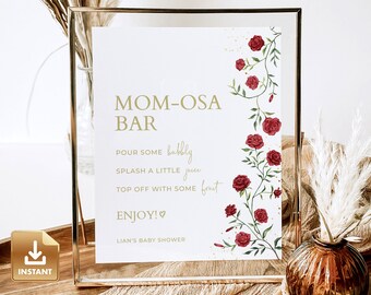 Momosa Bar Sign Baby Shower Template, Red Rose Mom-osa Bar Table Sign, Floral Baby Shower Decoration Editable Printable Bar Sign - BRIAR
