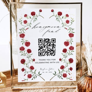 Honeymoon Fund Sign, Venmo Honeymoon Wish, Wedding Cash Gift, Honeymoon Fund QR Sign, Template Download, Red Roses Watercolor - BRIAR