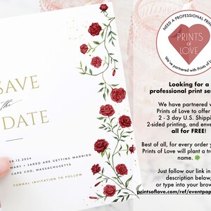 May include: Save the Date wedding announcement with a floral design featuring red roses and gold lettering. The announcement includes the date "08.12.2024", the names "Mary & Jared", and the location "Cape Cod, Massachusetts". The announcement also includes the text "Formal Invitation to Follow".