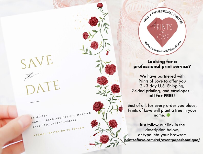 May include: Save the Date wedding announcement with a floral design featuring red roses and gold lettering. The announcement includes the date "08.12.2024", the names "Mary & Jared", and the location "Cape Cod, Massachusetts". The announcement also includes the text "Formal Invitation to Follow".