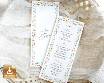May include: A wedding menu card with a floral border. The menu includes a salad of asparagus, burrata, monkfish on the bone, shoulder of lamb, grilled courgettes, croccantino, almond streusel, and panna cotta.