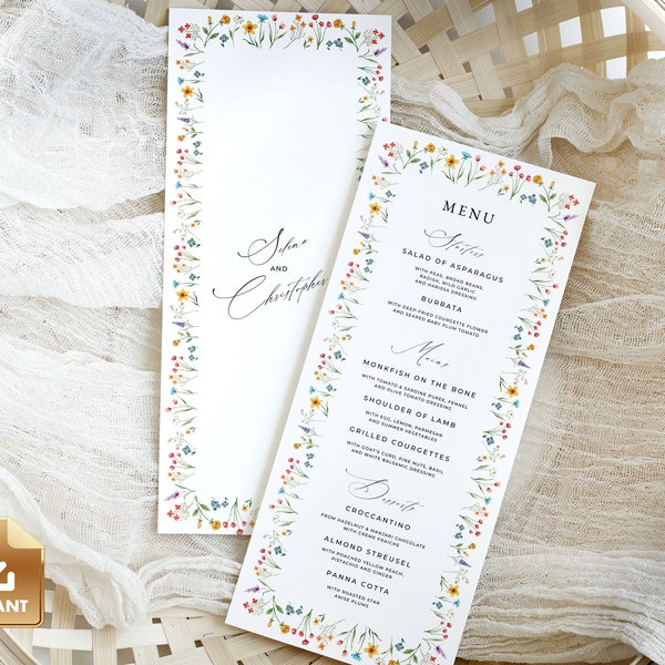 FLORA - Wildflower Menu Card Template, Summer Wedding Menu, Colorful Bridal Shower Menu Card, Printable Floral Menu, Do It Yourself Menu