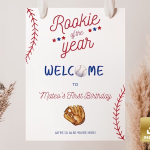 Rookie Of The Year Welcome Sign Template, Birthday Sport Sign, Baseball Birthday, Welcome Sign, Sports Birthday Poster, Boy 1st Bday Party