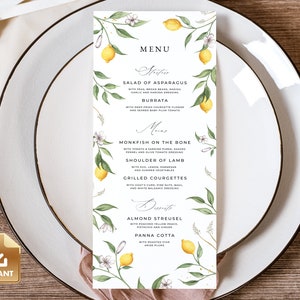 Lemon Menu Card Template, Summer Wedding Menu Card, Instant Download, Italian Wedding Menu, Summer Dinner Menu, Citrus Bridal Shower Menu