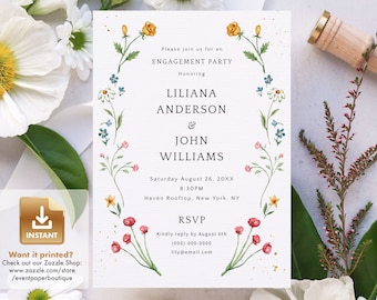 Wildflower Engagement Party Invitation Template, Editable Floral Invite, Floral Summer Wedding, Instant Download - IONA