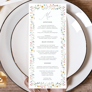 FLORA - Wildflower Menu Card Template, Summer Wedding Menu, Colorful Menu Card, Outdoor Wedding Menu Card, Dinner Menu, Do It Yourself Menu