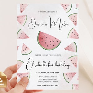 One In a Melon First Birthday Invitation Template, First Birthday Invite, One in a Melon Birthday Party, 1st Birthday Printable Digital