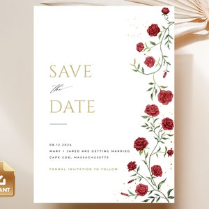 BRIAR - Red Rose Save The Date Card, Romantic Save The Date, Editable Save The Date Template, Printable Wedding Announcement, DIY Editable