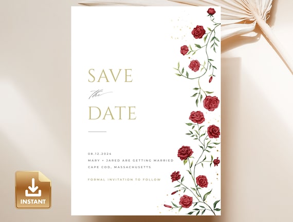 BRIAR - Red Rose Save The Date Card, Romantic Save The Date, Editable Save The Date Template, Printable Wedding Announcement, DIY Editable