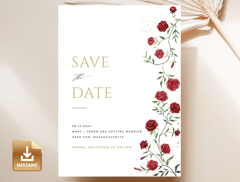 May include: Save the Date wedding announcement with a white background and a floral design featuring red roses and green leaves on the right side. The text reads "Save the Date", "08.12.2024", "Mary & Jared are getting married", "Cape Cod, Massachusetts", and "Formal Invitation to Follow".