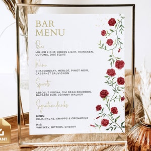 Bar Menu Template, Drinks Menu Sign, Editable Wedding Sign, Red Roses, Printable Drink Menu Sign, Romantic Wedding Bar Menu Template - BRIAR