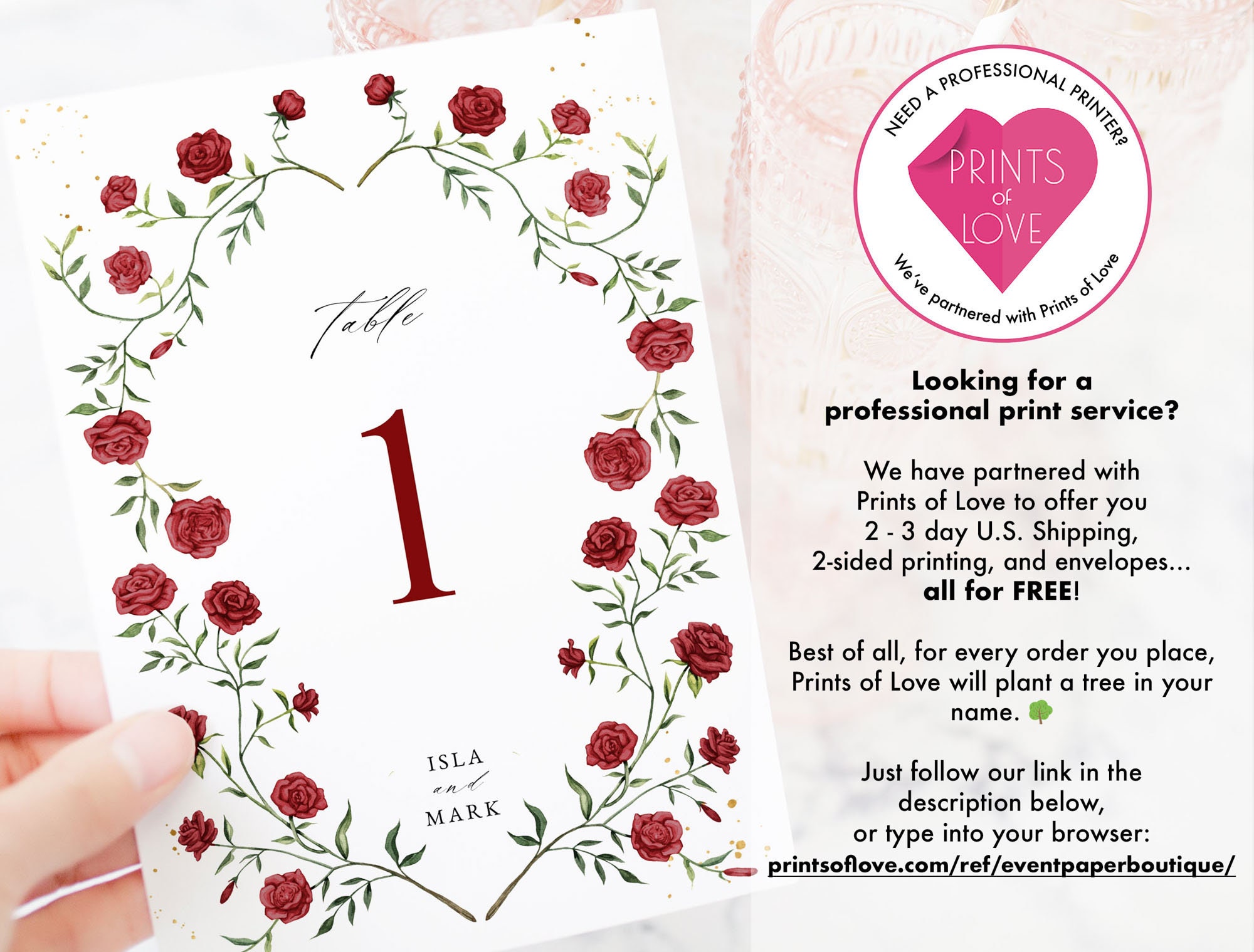 Table Number Red Red Rose Table Number Card Template, Roses Table Number Sign, 5x7 ...