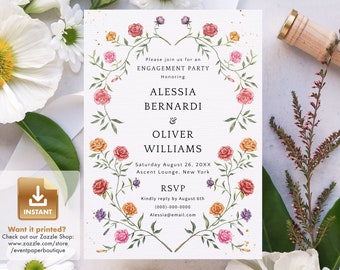 Pink Roses Engagement Party Invitation: Floral Template (Digital Download)