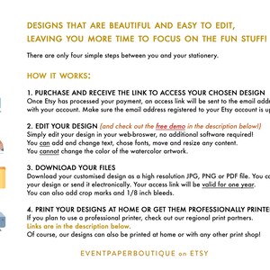 May include: A graphic with four steps to purchase, edit, download, and print digital stationery designs. The text reads "Designs that are beautiful and easy to edit, leaving you more time to focus on the fun stuff!" and "How it works:" followed by the four steps. The graphic also includes icons for each step, such as a shopping cart, a pencil, a download arrow, and a printer.