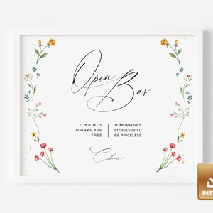 Wildflower Wedding Open Bar Sign, Colorful Bar Sign Template, Floral Open Bar Wedding Sign, Summer Wedding Bar Sign, Printable & Editable